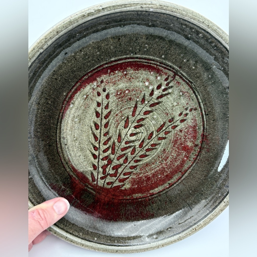 Signed Handcrafted Pottery  Plate with Dark Red Wheat Design on Gray-Green